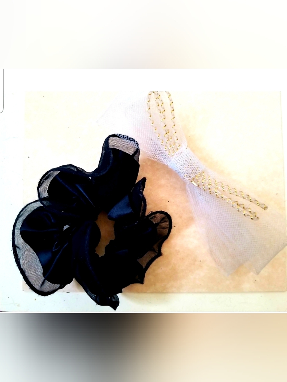 Pair Vtg Black Ruffled Sheer Scrunchie & White/Gold Mesh Bow Hair Clip Paris